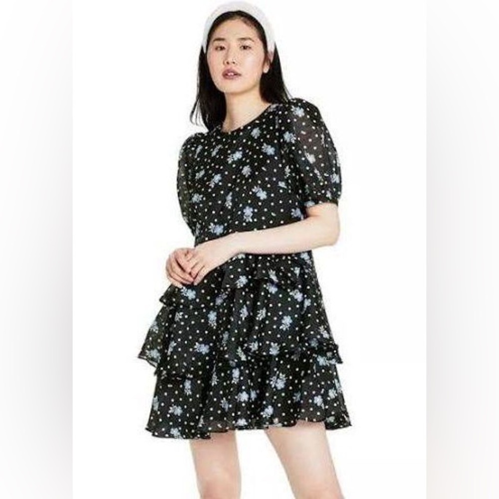 Sandy Liang X Target Black Floral Ruffle Short Puff Sleeve Sz Small